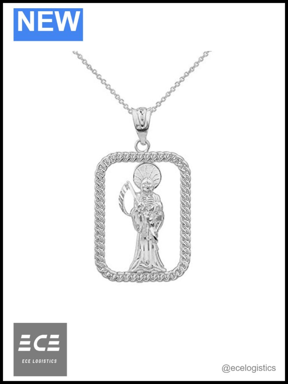 Sterling Silver Santa Muerte Grim Reaper Rope Rectangular Frame Necklace